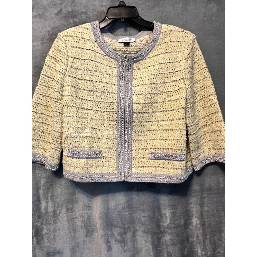 St John Collection Santana Knit Jacket Sz 16 Yellow Gray Beaded Tweed Vintage